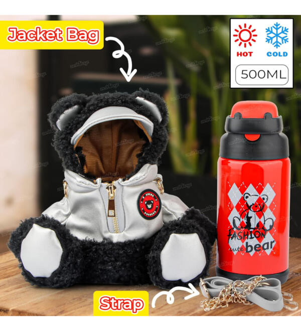 Water Bottle for Kids with Plush Bear Cover, Straw & Strap - Image 3